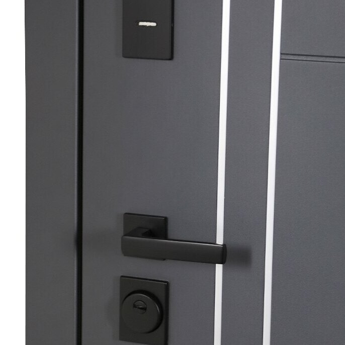 наружная сторона цвета графит, два вертикальных молдинга в цвете матовый хром, броненакладка врезная на нижнем замке, наличник гладкий шириной 70 мм лицевая сторона двери Вегас в цвете графит